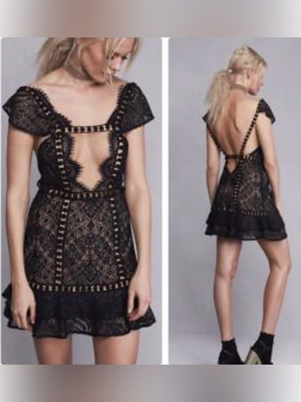 For Love & Lemons Emerie Black Lace Mini Dress XS/P